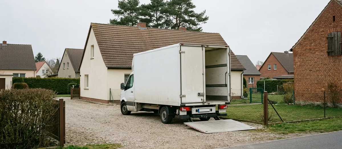 Möbelwagen mit ausgeklappter Ladebordwand steht auf einer Hofeinfahrt vor einem eingeschossigen Haus in Rüdnitz