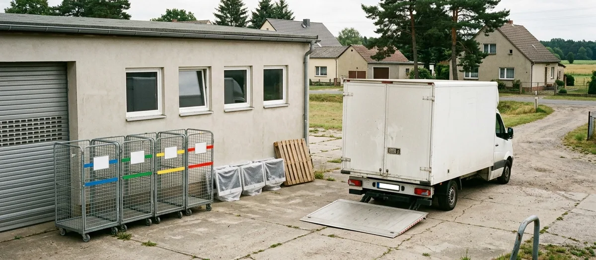 Mit Farbband gekennzeichnete Rollcontainer und verpackte Bildschirme stehen abfahrbereit neben einem Möbelwagen mit ausgeklappter Ladebordwand vor einem flachen Betriebsgebäude