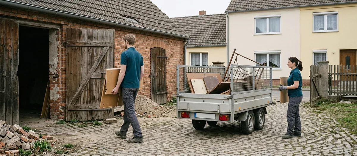 Zwei Kräfte tragen ausgediente Möbelteile aus einem Nebengebäude über den gepflasterten Hof zu einem offenen Anhänger