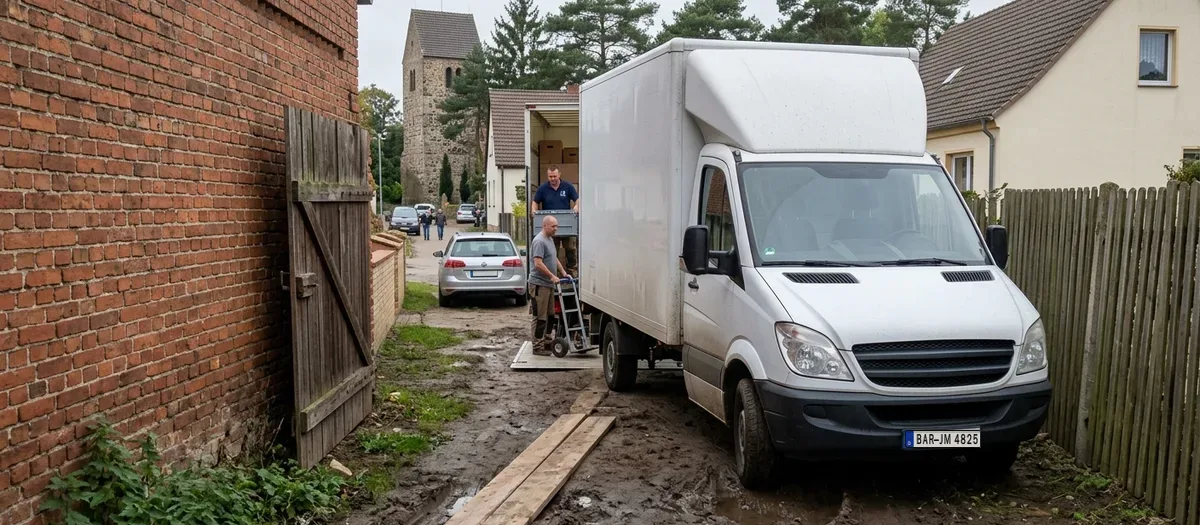 Möbelwagen steht mit ausgelegten Bohlen in einer schmalen, aufgeweichten Hofeinfahrt neben einem geöffneten Hoftor, am Heck laden zwei Helfer mit einer Sackkarre