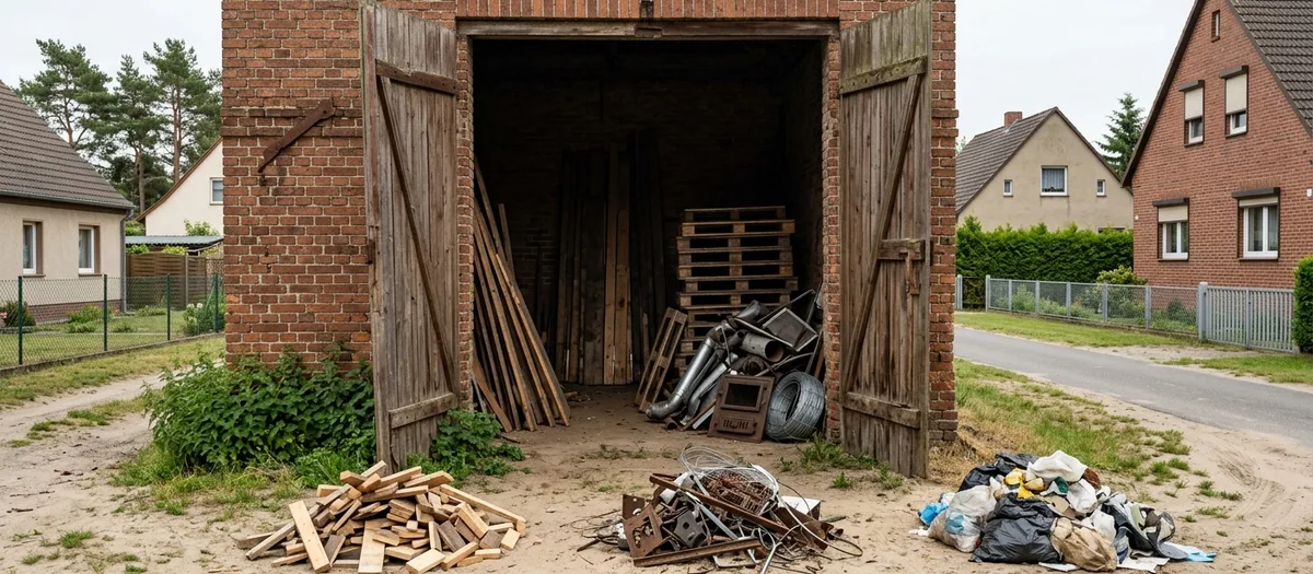 Geöffnetes Scheunentor mit gestapelten Brettern, Paletten und Altmetall, davor getrennte Haufen auf dem Hof