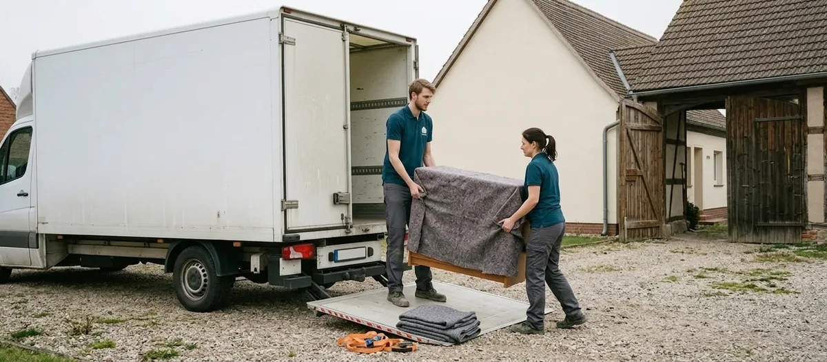 Zwei Helfer laden in Decken gepackte Möbel über die Ladebordwand eines Möbelwagens auf einer Hofeinfahrt