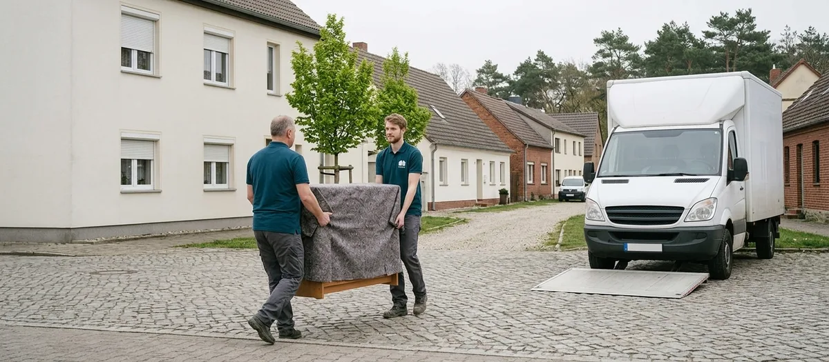 Zwei Umzugshelfer tragen eine abgedeckte Kommode über einen gepflasterten Vorplatz zu einem offenen Möbelwagen