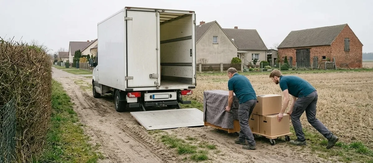 Möbelwagen mit heruntergelassener Ladebordwand auf einem Feldweg neben einer Hecke, zwei Helfer schieben eine Rollplatte heran