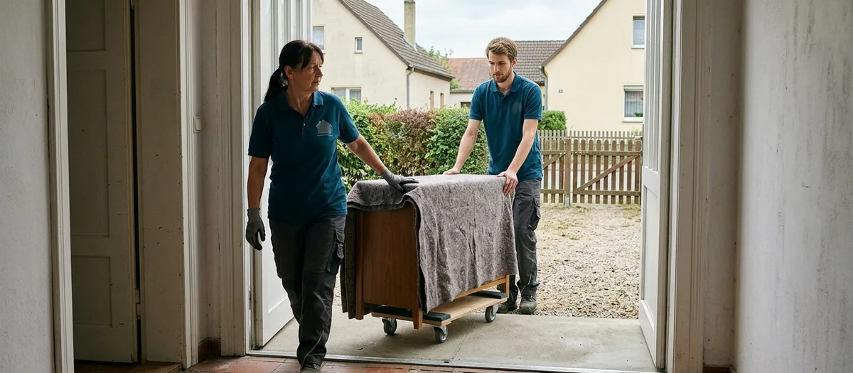 Zwei Helfer schieben eine Rollplatte mit einem in Decken gepackten Schrank vom Hof durch eine ebenerdige Haustür