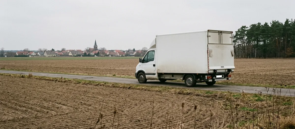 Möbelwagen auf einer Landstraße am Feldrand, in der Ferne Dächer und ein Kirchturm einer Kleinstadt