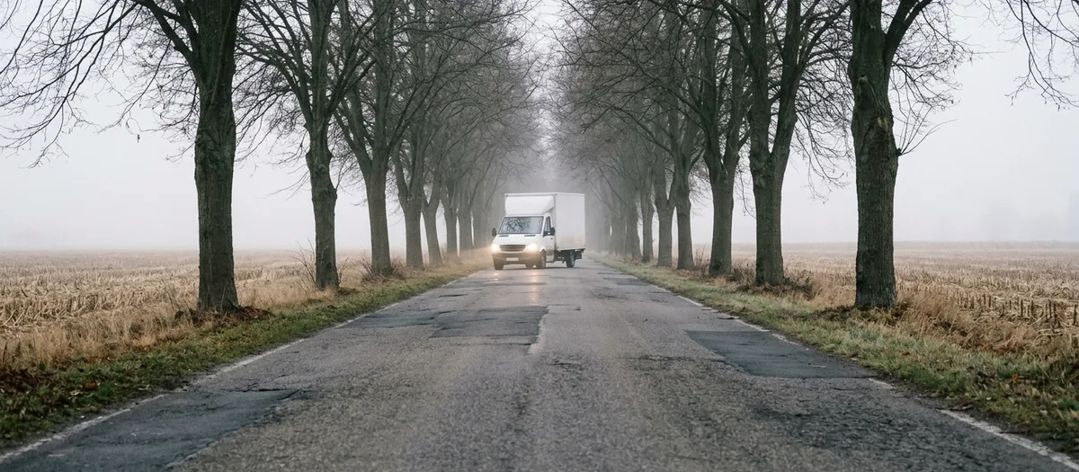 Möbelwagen am frühen Morgen auf einer Allee zwischen abgeernteten Feldern, Nebel über dem Straßenrand
